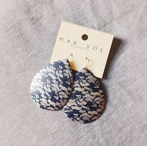 Mar Sol Silver Black Lace Print Teardrop Metal Earrings Dangle Dangly Floral